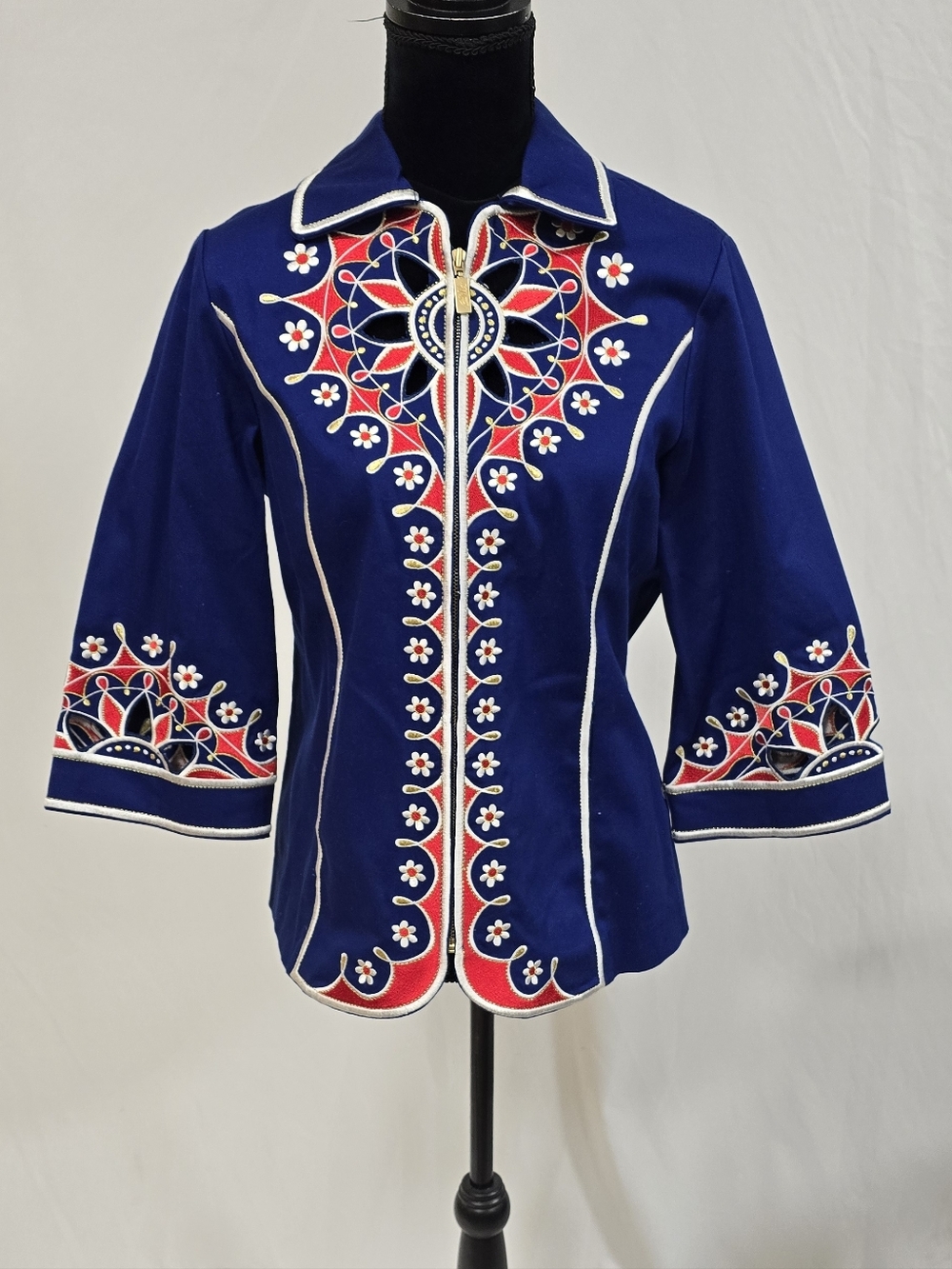 Bob Mackie Wearable Art women XS Kabuki 3/4 sleeve jacket embroidered cut out